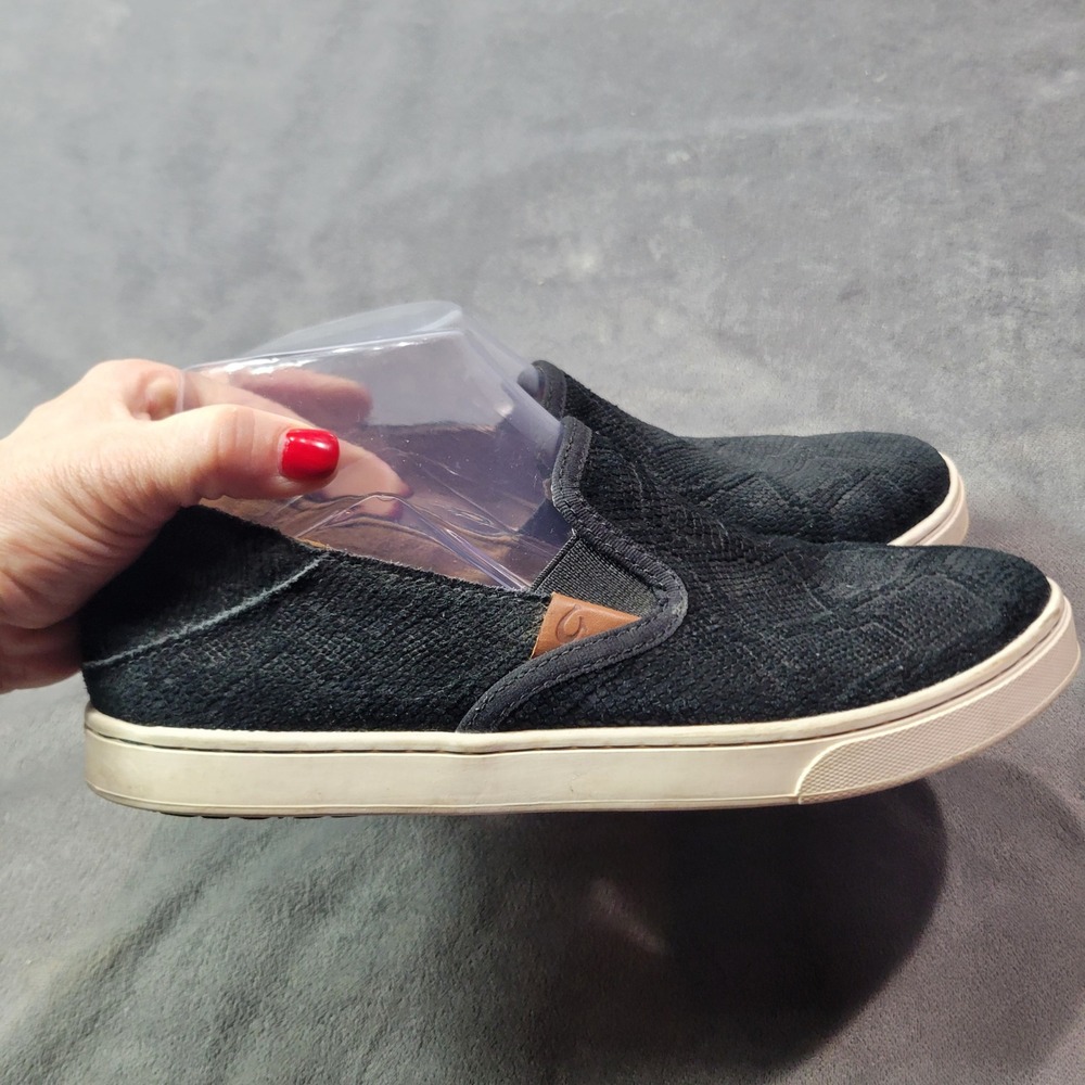 Olukai Pehuea Black Textured Suede Slip On Sneakers Drop In Heel Womens